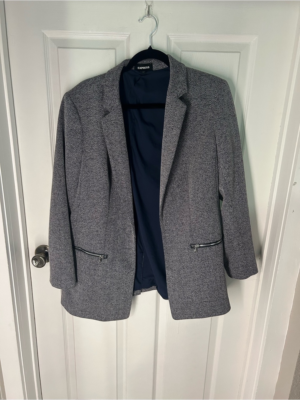 Express Gray Herringbone Blazer with Navy Lining and Black Collar